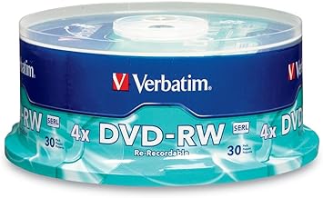 Verbatim DVD-RW 4.7GB 120Min Up to 4X Blank Discs Rewritable Up to 1000 Times – 30 Pack Spindle, Blue/Gray