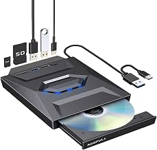 ROOFULL External CD DVD Drive Burner with USB 3.0 & USB-C Hub and SD/TF Card Slot, Portable CD-ROM DVD Player Optical Disk Drive Reader Writer for Laptop PC Windows 11/10, Mac MacBook, Linux