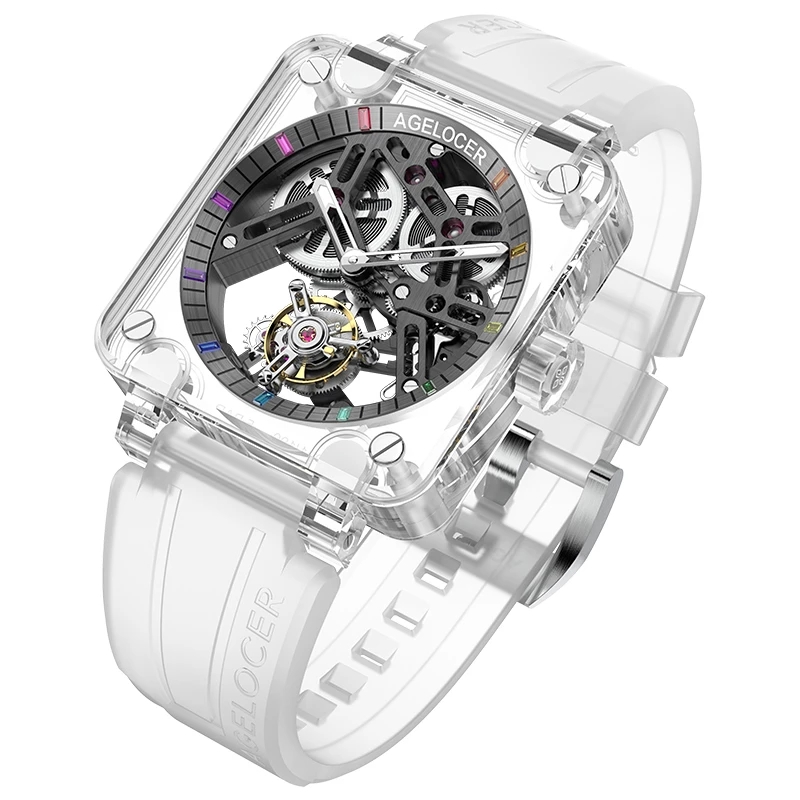 AGELOCER Original Tourbillon Skeleton Movement Watch For Men Sapphire Gems Mechanical Transparent Mens Watches Power Reserve 80H