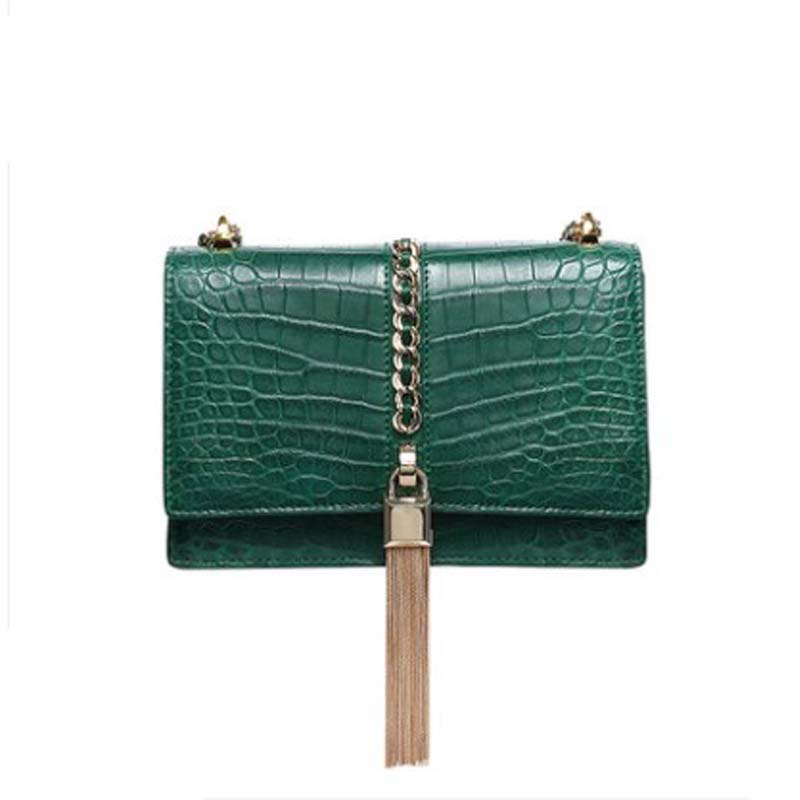 ouluoer import crocodile bag  Female bag  Agate green Tassel bag  fashion western style  One shoulder bag Female chain bag