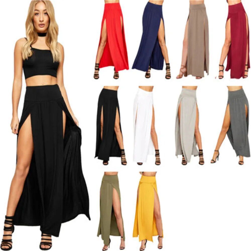 2024 New Arrival High Waisted Sexy Womens Double Slits Summer Solid Long Maxi Skirt Wholesale 51