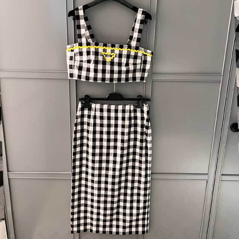 Vintage New 100%Cotton Skirt 2Piece Sets Fashion Runway Lace Design Plaid Vest Simple Sexy High Waist Bag Hip Skirts For Women