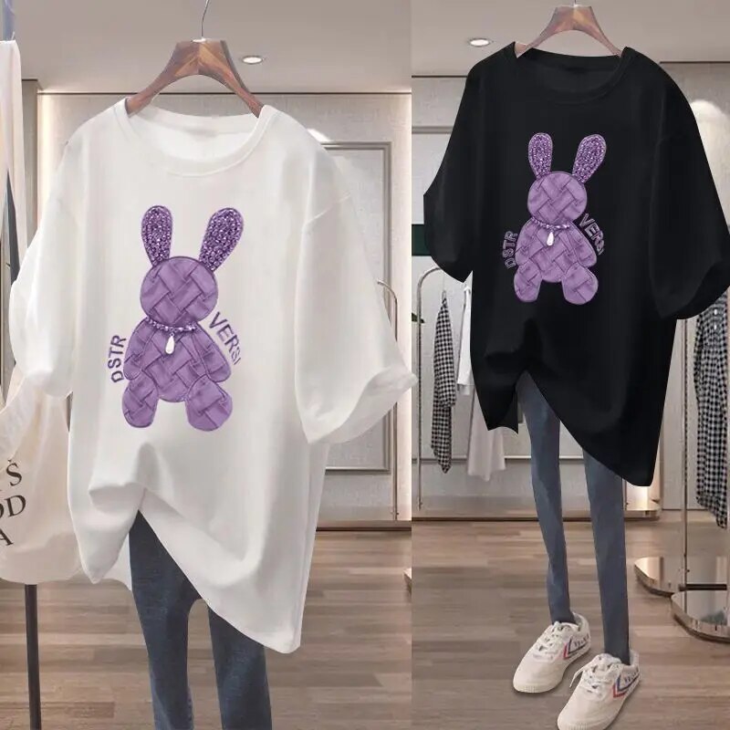 O-neck Casual Ladies Black Tops Summer Loose Short Sleeve Pullovers Solid Color T-Shirts 2024 New Printing Women's Clothing