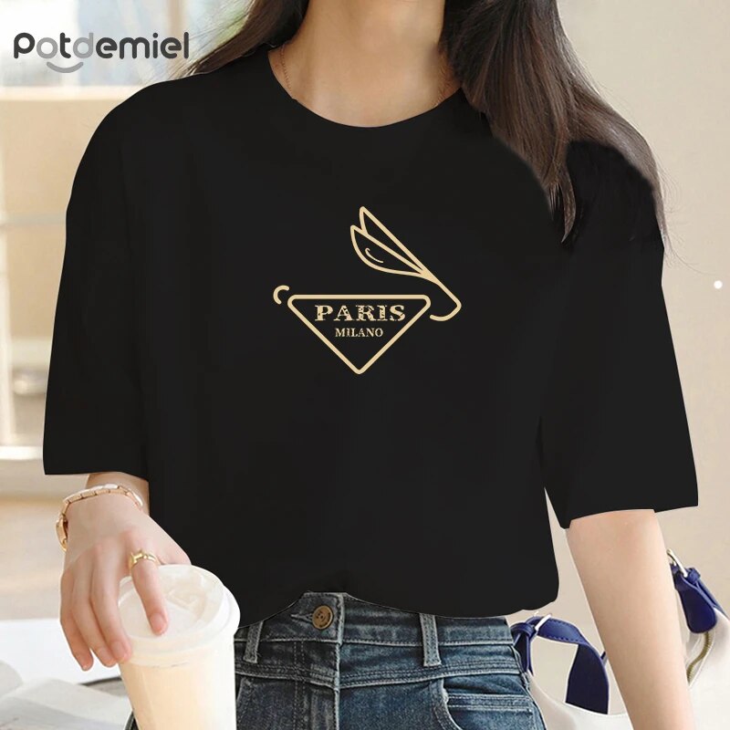 2024 New Crew Neck Clothing Fashion Paris Rabbit Pattern Printed Short Sleeve T-Shirt Trend Women's Summer Y2K Short Sleeve Top