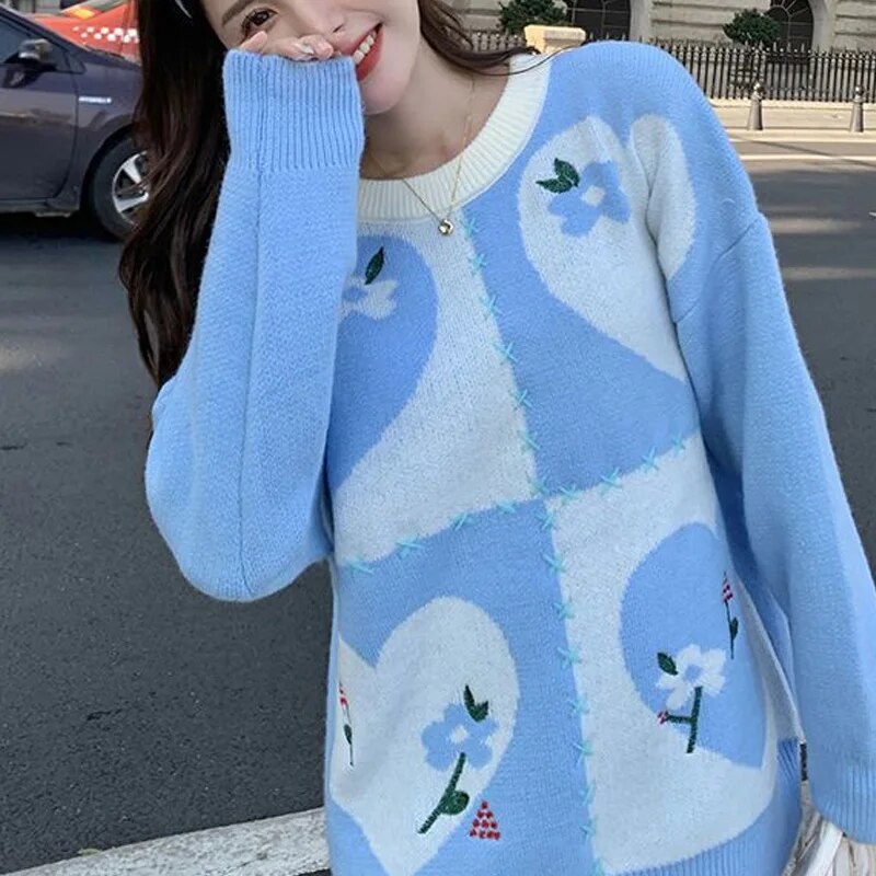 Young Style Ladies Knitting Pullovers Autumn Winter Fashion Tops Printing Sweaters Long Sleeve Women's Clothing Loose 2024 New