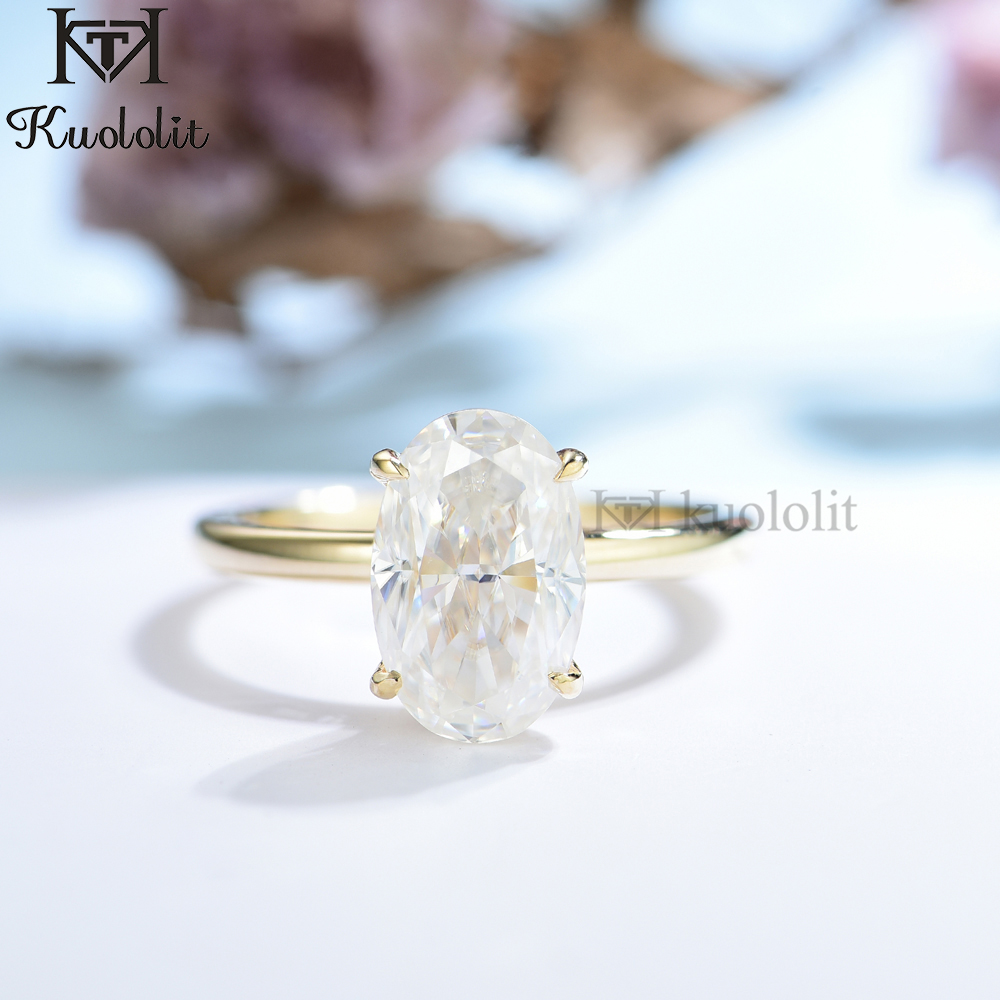 Kuololit Crushed Ice 3CT Oval Moissanite 18K 14K 10K 585 Yellow Gold Ring for Women Hide Halo Luxury Ring for Engagement Wedding