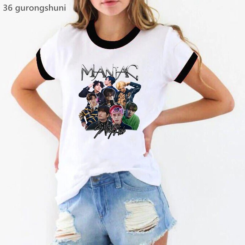 New Arrival 2024 Stray Kids Graphic Print Tshirt Women'S Clothing Harajuku Kawaii T Shirt Femme Summer Short Sleeve 90s T-Shirts