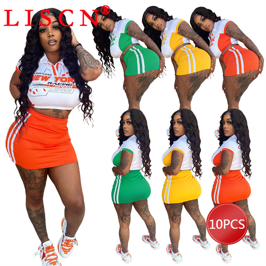 10 Bulk Items Wholesale Lots Dress Sets Women Summer 2023 Patchwork 2 Piece Set Outfits Short Sleeve Crop Top Mini Skirt K11685