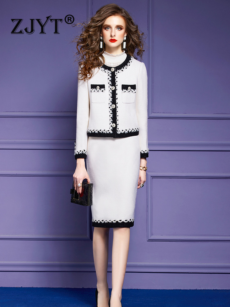 ZJYT Designer Winter Tweed Woolen Jacket Skirt Sets Women 2 Piece Outfits Elegant White Office Lady Party Dress Suit 5XL Clothes