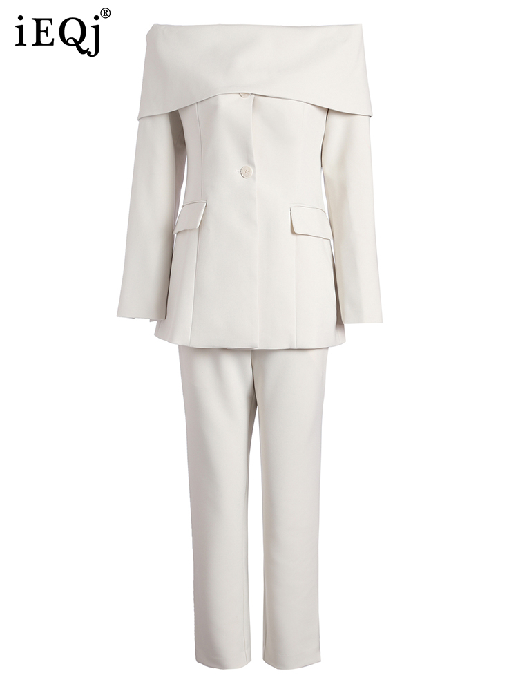 IEQJ Slash Neck Spliced Single Breasted Tops + Solid Straight Pants Office Lady Sets For Women 2023 Spring New Clothing 3WQ4089