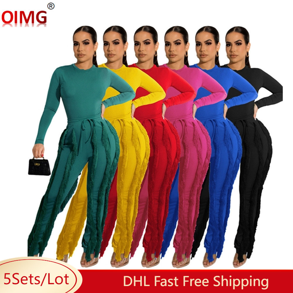 5 Wholesale Fall Winter Two Piece Sets Women Tracksuits Long Sleeve Bodysuits Tassels Pants Matching Sets Casaul Sweatsuits 8391