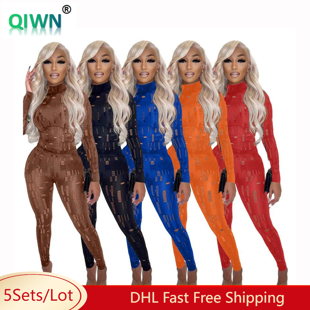 5Sets Bulk Item Wholesale Women Pants Sets Sexy Hole Long Sleeves Tops Stretchy Tight Leggings Trousers 2 Piece Set Outfit 8067