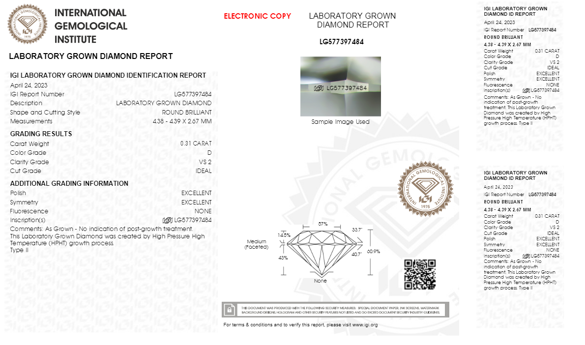 Round Lab Grown Diamond Loose HPHT With IGI certificate