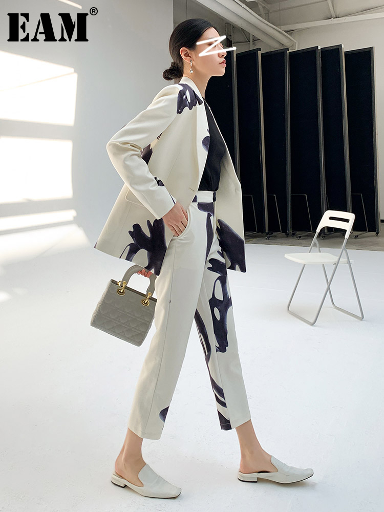 [EAM] Wide Leg Pants Printed Big Size Two Piece Suit New Lapel Long Sleeve Loose Fit Women Fashion Spring Autumn 2023 1DF0027