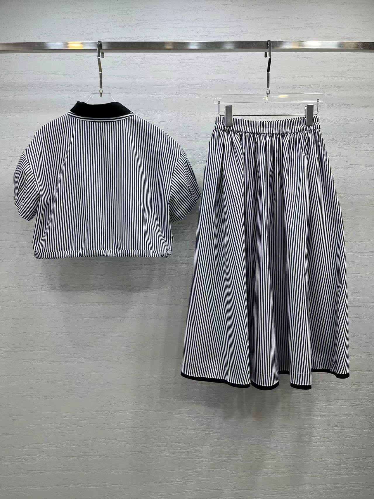 2023 Summer New Cotton Stripe Contrast Panel Top with Free Drawstring Design and Elastic Half Skirt Set for Women