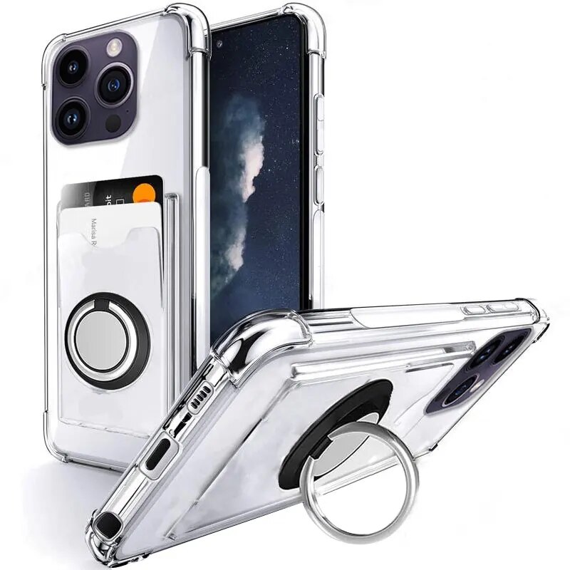 Ring Holder Wallet Card Slot Clear Shockproof Phone Case for iphone 15 Pro Max 14 13 Pro 14Pro Airbag Transparent Stand Cover