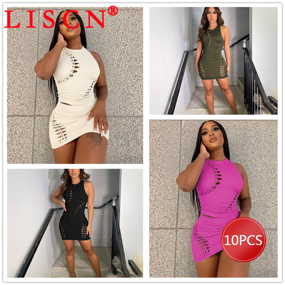 10 Bulk Items Wholesale Lots Dress Sets Summer Sleeveless T-shirt and Mini Skirt Hollow Out Two Piece Set Womens Outfits  K11731
