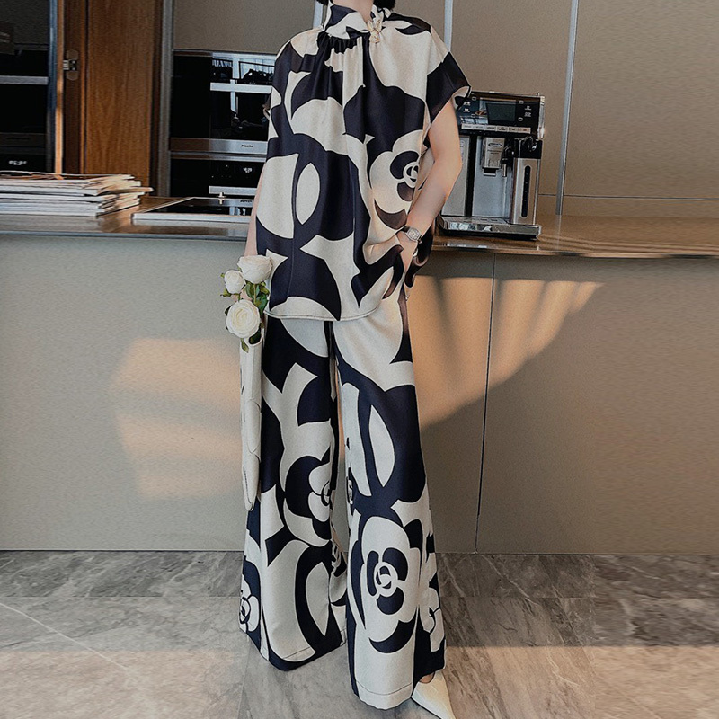 23 Summer Women Silk Print Shirt Pants 2 Pieces Set Runway Vintage Short Sleeve Casual Blouse High Waist Wide Leg Loose Trousers
