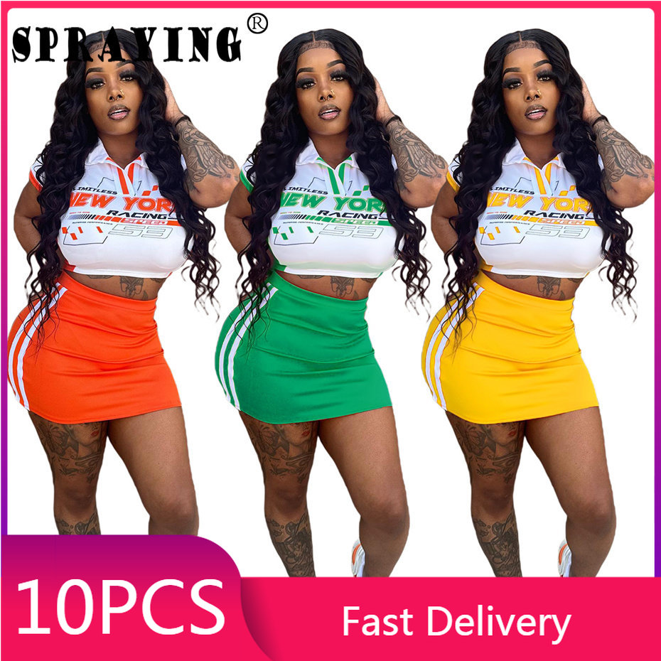 10 Dress Sets Women Summer 2023 Short Sleeve Crop Top Mini Skirt Bulk Items Wholesale Lots Patchwork 2 Piece Set Outfits S11685