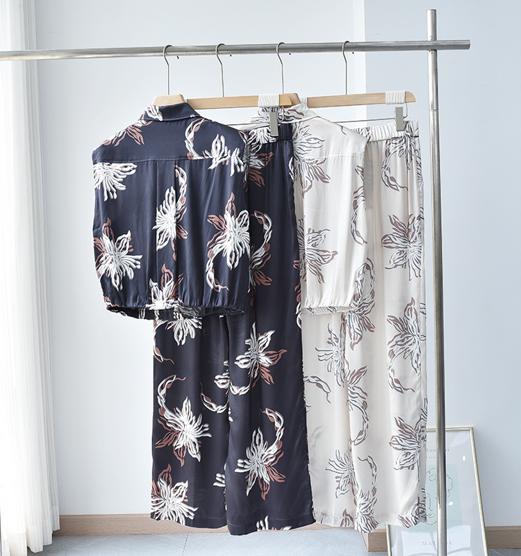 Women Shirt Printing Single-Breasted Sleeveless And Elastic High Waist Wide Leg Pants 100% Silk Vintage Set