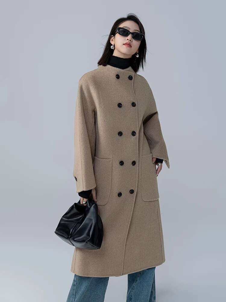 CAIXINGLE 2024 New 35% Camel Wool round Neck Women's Coat Comfortable Warm Woolen Coat Fashion Trendy Long Top Women's Clothing