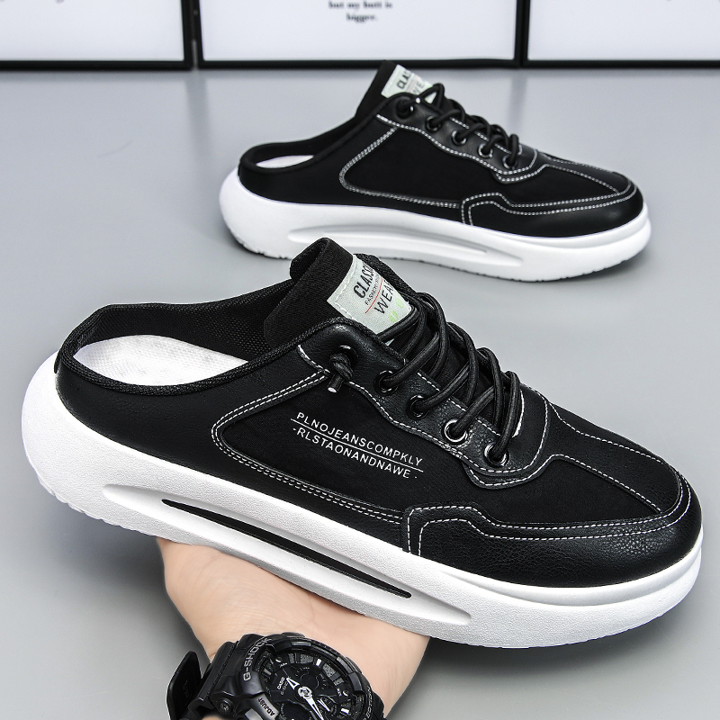 Summer New Fashion PU Leather Casual Mules For Men Male Slip-on Breathable Comfy Half Loafer Slippers Handmade Leisure Sandals