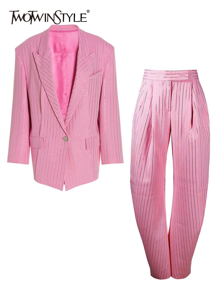 TWOTWINSTYLE Loose Two Piece Sets For Women Notched Collar Long Sleeve Blazer High Waist Casual Pant Striped Set Female Fashion