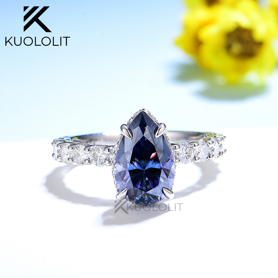 Kuololit 3CT Blue Moissanite Ring for Women Solid 18K White Gold Origanal Blue Color Pear Cut E W Ring for Engagement Christmas