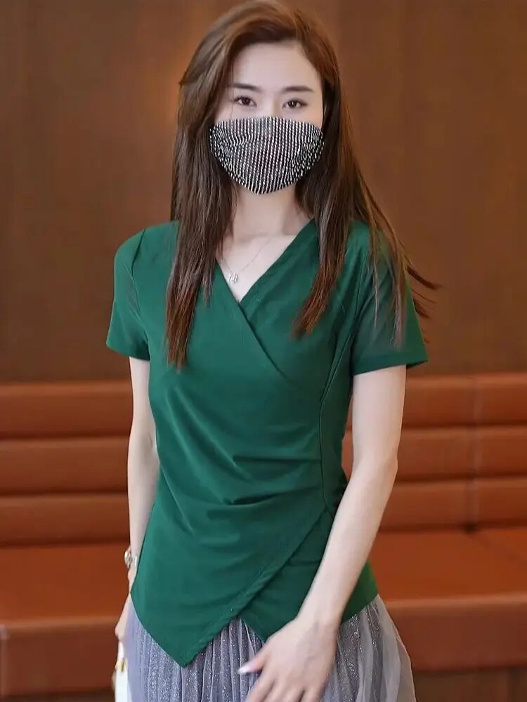2024 New Arrival Female Asymmetry T-shirt Spring Summer Fashion Cross V-neck Shirring Solid Woman M-3XL Short Sleeves Silm Mesh