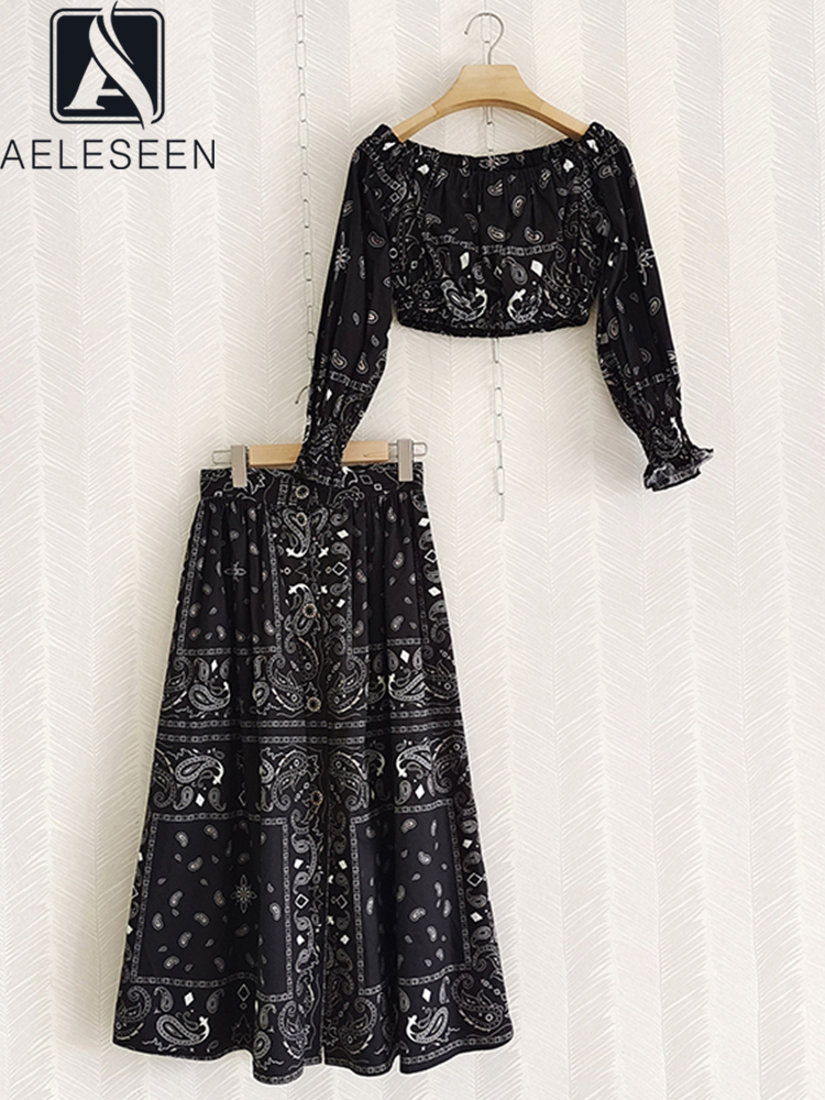 AELESEEN Spring Summer Vintage Elegant 100% Cotton Skirt Suit Women Black Red Printed Short Top + High Waist Full Skirt Holiday