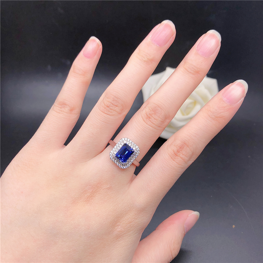 Genuine 18K White Gold Rings Female 2CT Rectangle Sapphire Diamond Wedding Rings For Women Beautiful Birthday Jewelry
