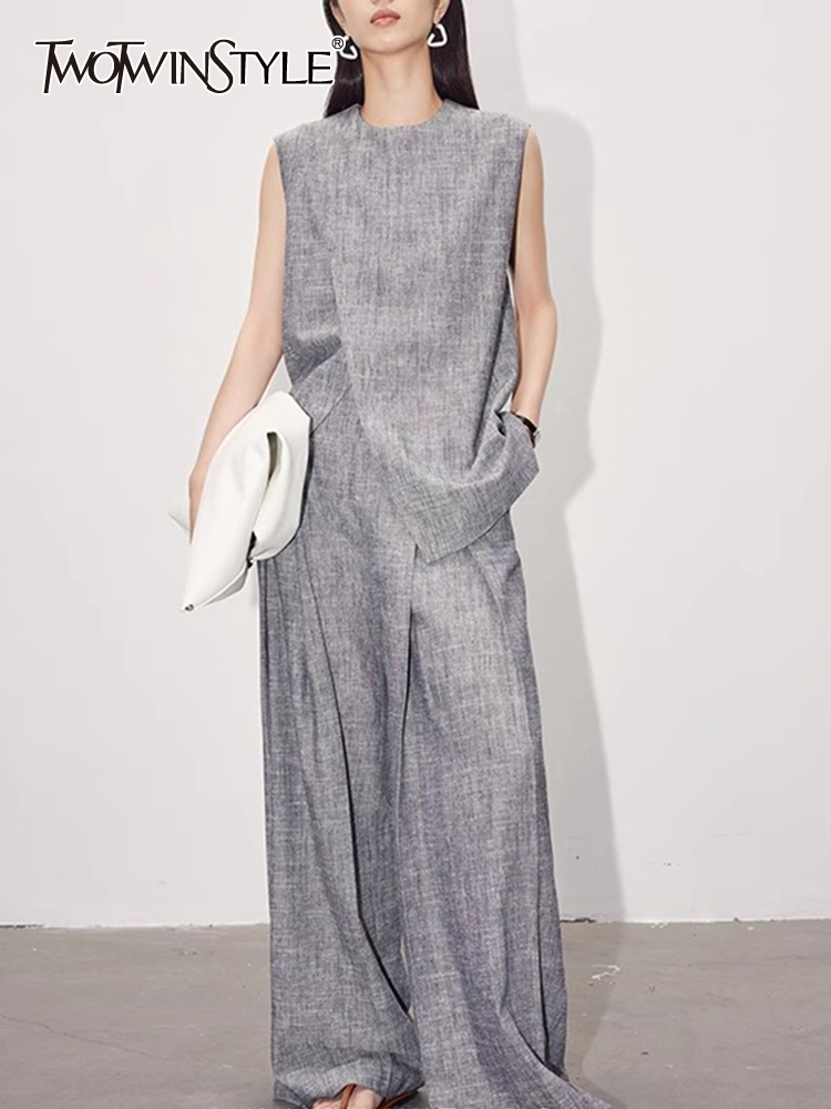 TWOTWINSTYLE minimalist two piece sets for women o neck sleeveless tops high waist loose pants casual set female clothing 2023