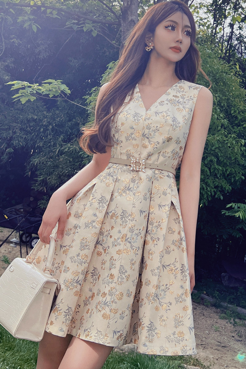 Dabuwawa Two Piece Suit High Waist Slim Pleated Jacquard Dress Lantern Sleeves Short Coat Summer Vintage Women New DM1BDR090