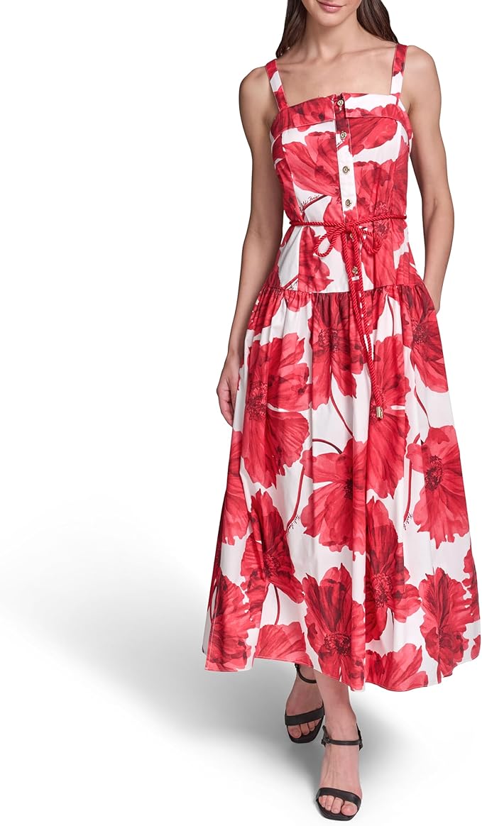 Karl Lagerfeld Womens Sleeveless Rope Belt A-line Maxi Dress