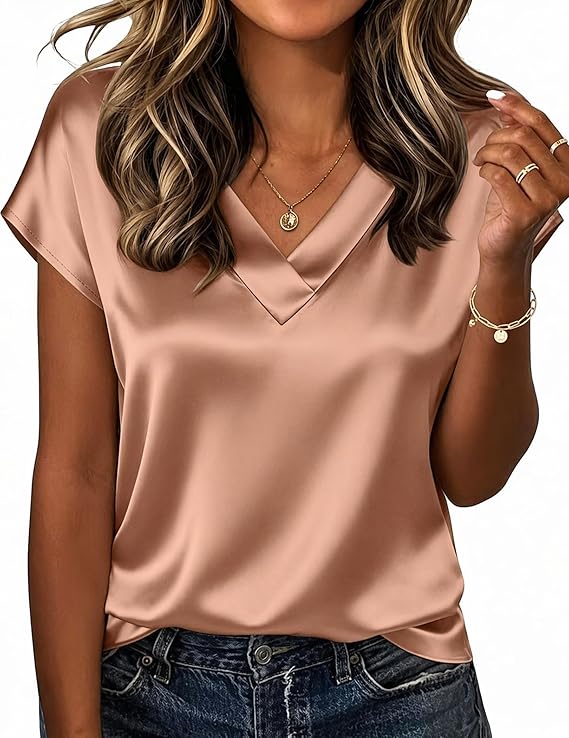 Zeagoo Women Silk Satin Tops Cap Short Sleeve Blouse V Neck Shirts Business Casual Outfits S-2XL