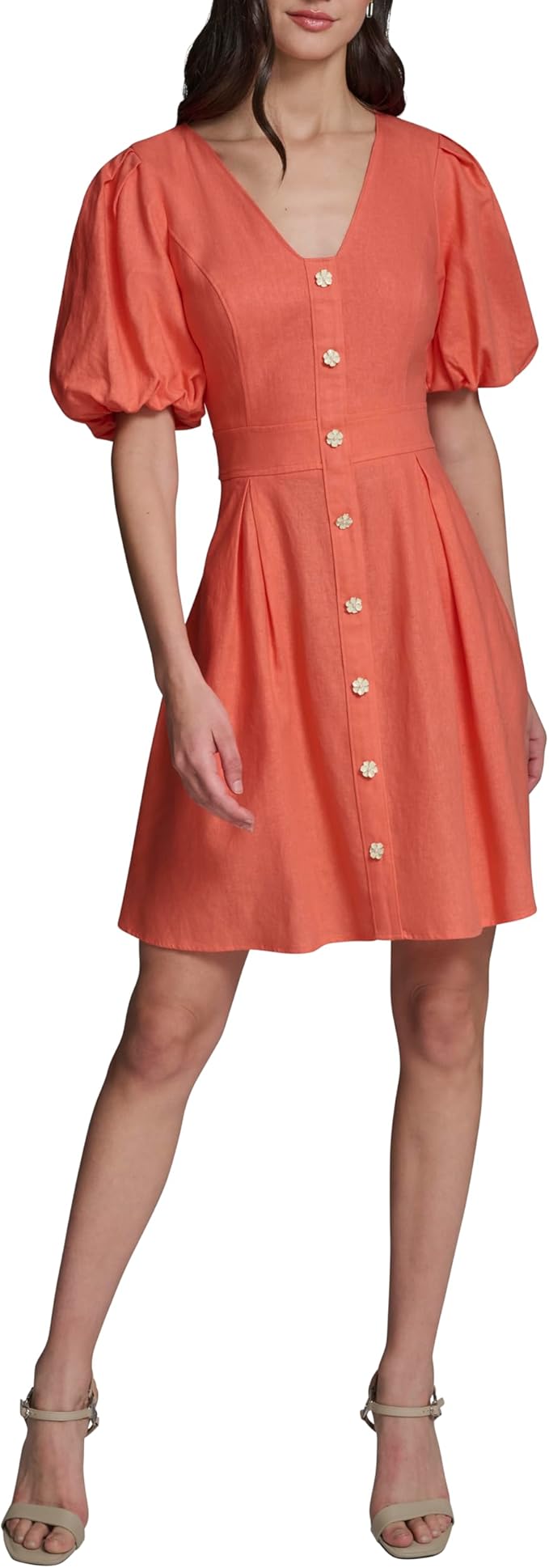 Karl Lagerfeld Women's Short Sleeve V-Neck Linen Fit & Flare Flower Button Dress