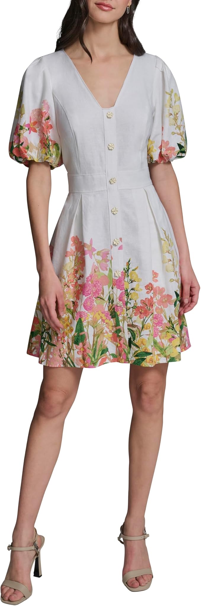 Karl Lagerfeld Women's Short Sleeve V-Neck Linen Fit & Flare Flower Button Dress