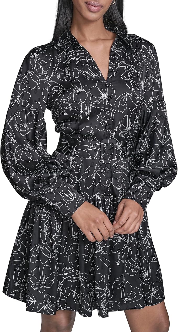 Karl Lagerfeld Women's Long Sleeve Collar Printed Satin Shirt Dress