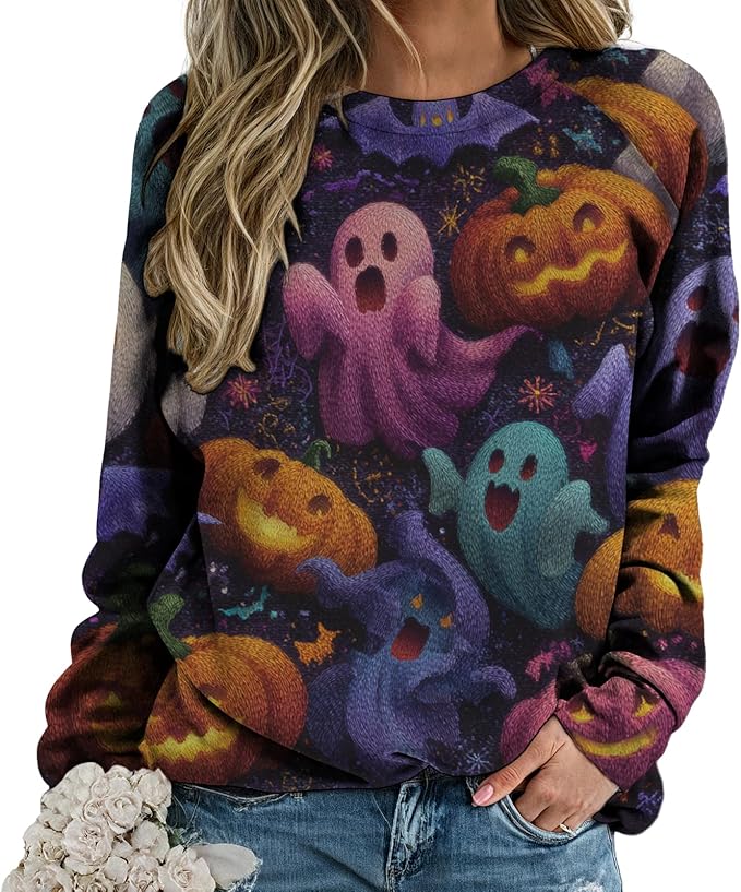 MARSVOVO Halloween Sweatshirt for Women Fashion Long Sleeve Novelty Pullover Crewneck Sweatshirt Fall Cute Clothes