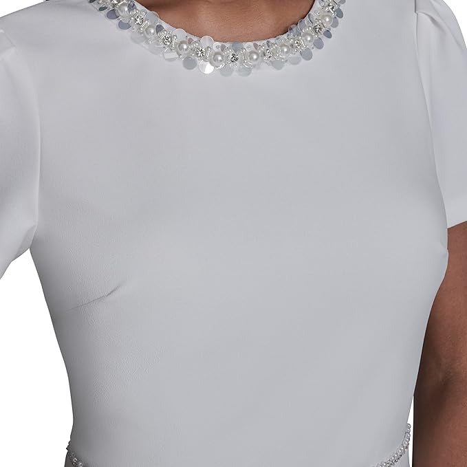 Karl Lagerfeld Women's Short Sleeve Embellished Neckline Scuba Crepe Fit & Flare Dress
