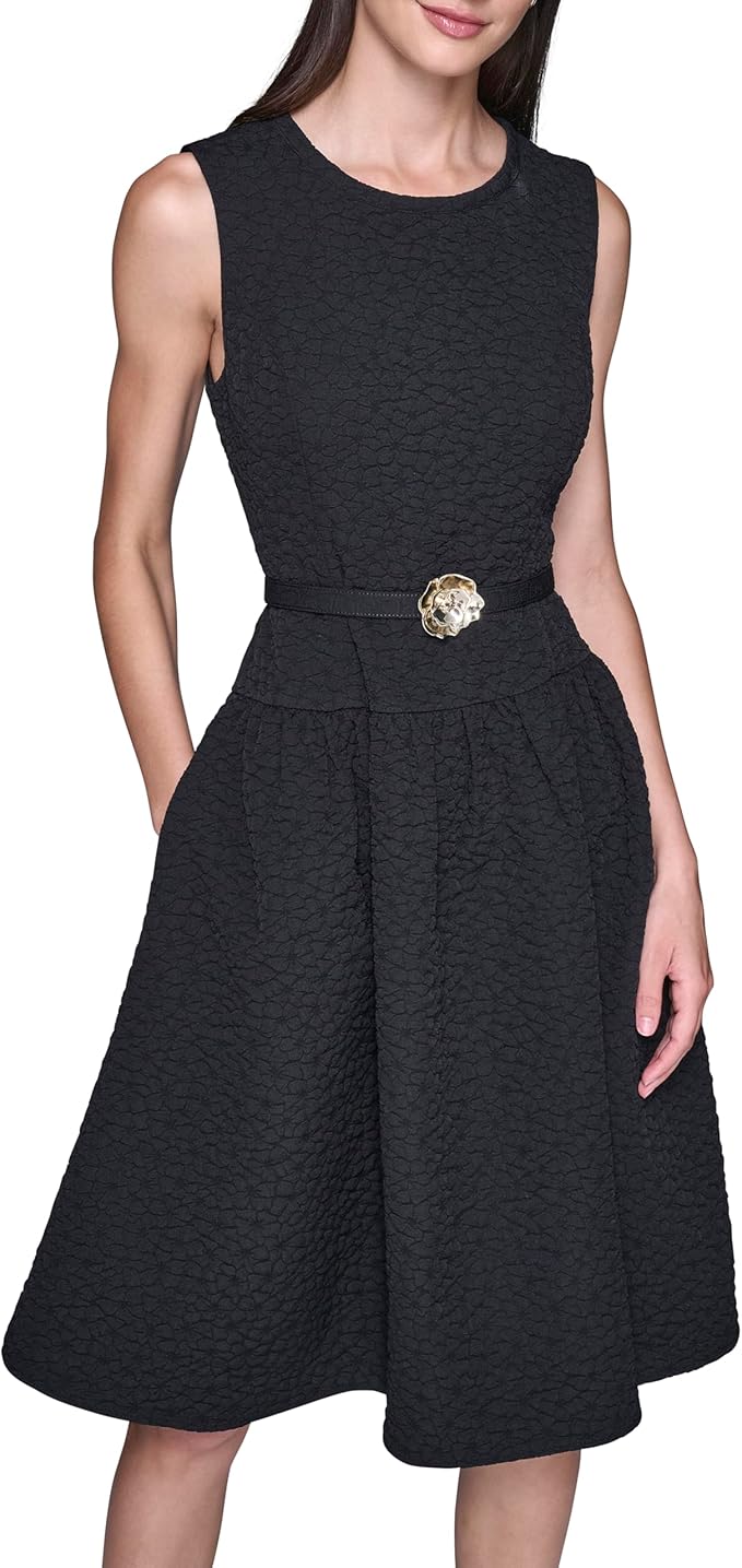 Karl Lagerfeld Women's Sleeveless Crew Neck Flower Belt Floral Stretch Jacquard A-line Dress