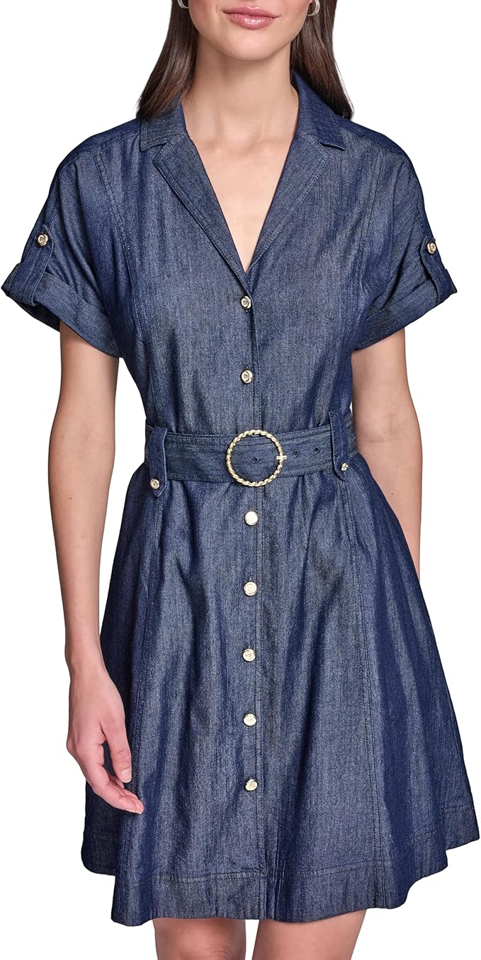 Karl Lagerfeld Women's Short Sleeve Collar Chambray Shirt Dress Fit and Flare Dress